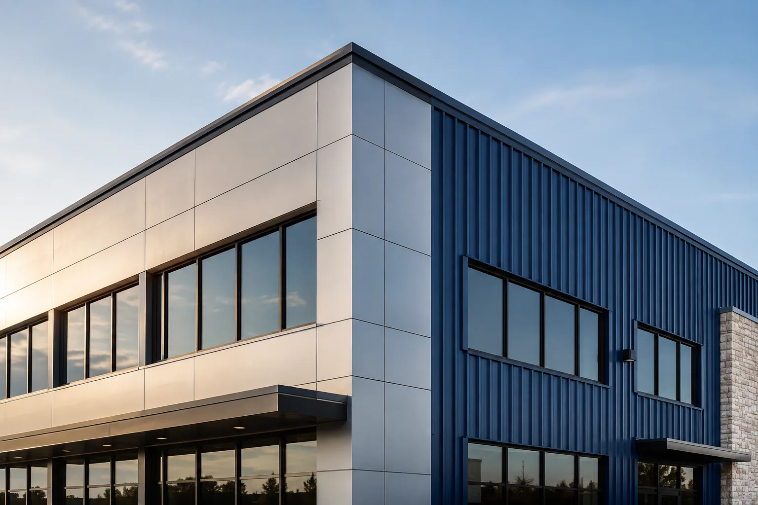 AI-generated architectural concept showing silver ACM panels and blue profiled metal cladding
